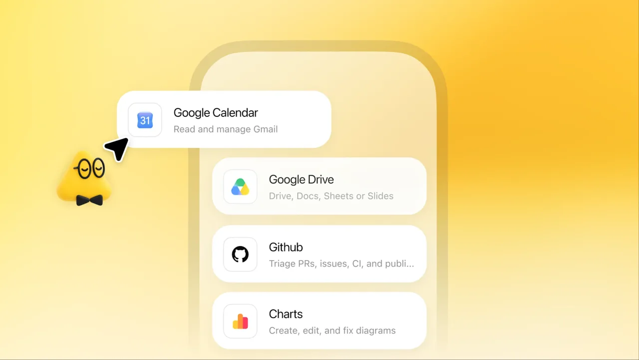 דמות dots צהובה ליד רשימת חיבורים: Google Calendar, Google Drive, Github ו-Charts