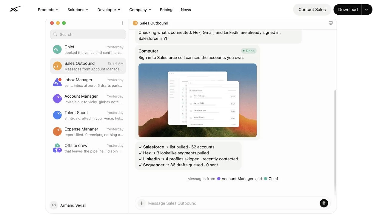 ממשק Grok Bot עם רשימת בוטים בצד (Chief, Sales Outbound, Inbox Manager ועוד) ושיחה עם הבוט Sales Outbound שמסכם פעולות ב-Salesforce, Hex ו-LinkedIn