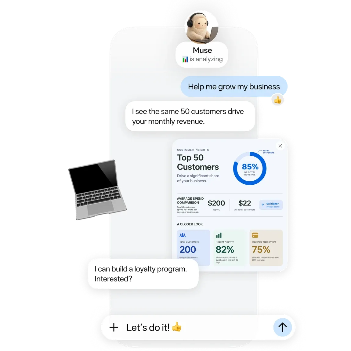 שיחה עם Muse: המשתמש מבקש Help me grow my business, ו-Muse מציג כרטיס Top 50 Customers ומציע לבנות תוכנית נאמנות
