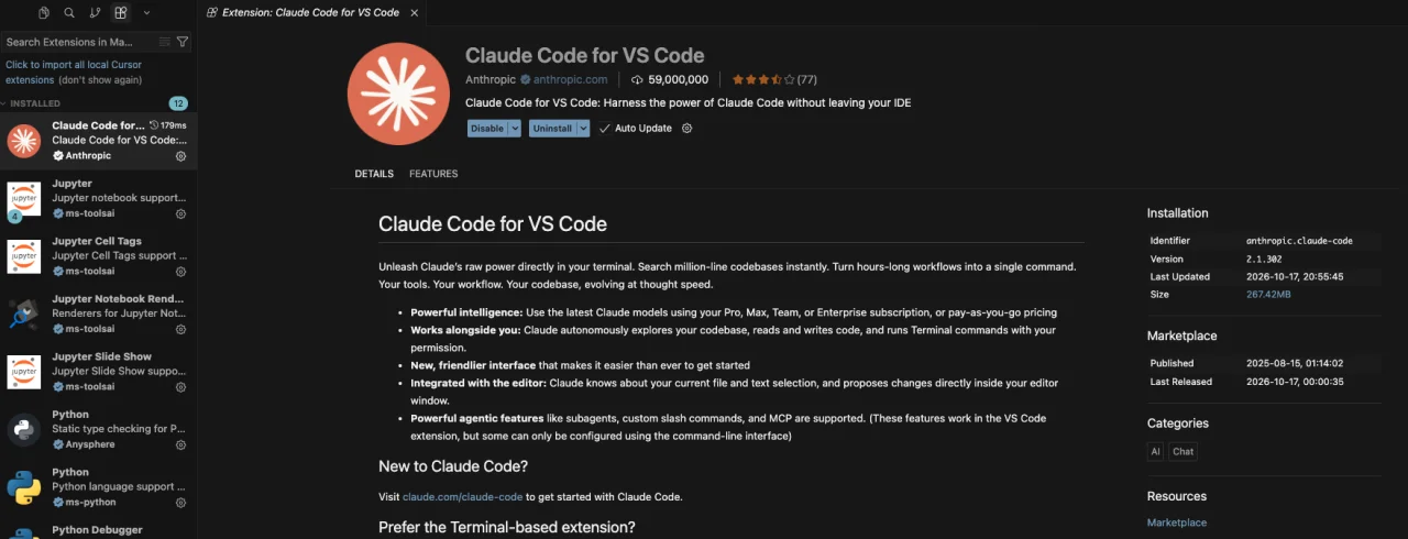 עמוד התוסף Claude Code for VS Code של Anthropic בחלונית התוספים