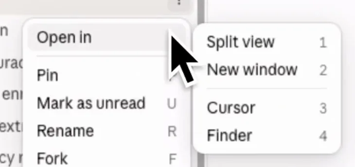 תפריט הסשן עם האפשרות Open in, ותת התפריט Split view, New window, Cursor ו־Finder