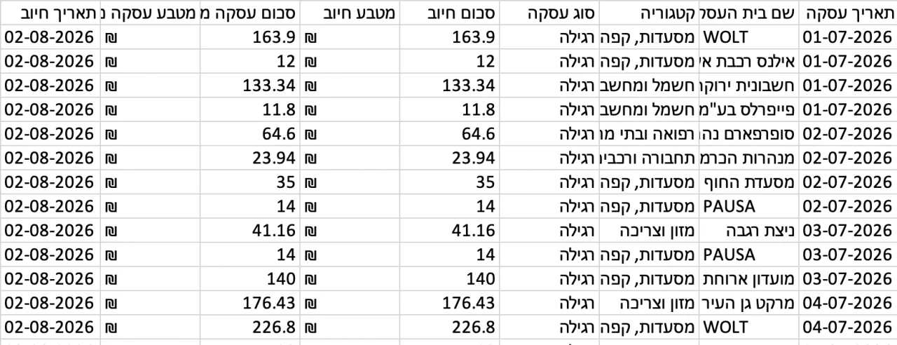 קובץ אקסל של פירוט עסקאות אשראי עם עמודות תאריך עסקה, שם בית העסק, קטגוריה, סוג עסקה, סכום ומטבע