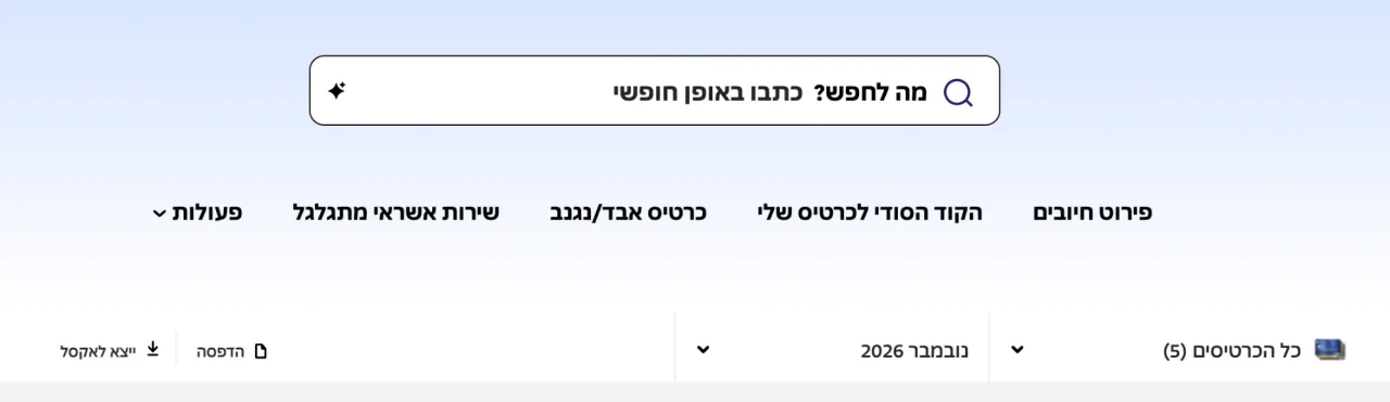מסך פירוט חיובים באתר חברת האשראי, עם בחירת כרטיסים, בחירת חודש וכפתור ייצא לאקסל