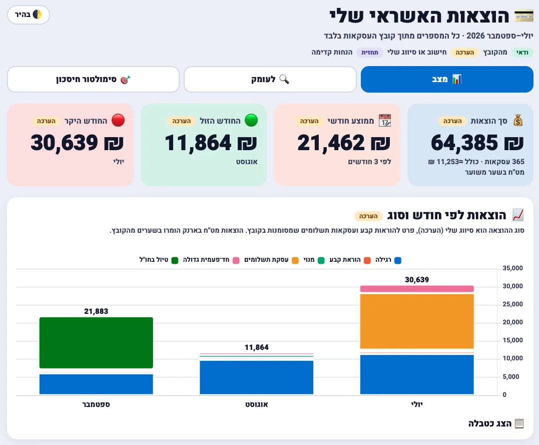 תמונת מצב וגרף חודשי בלוח הבקרה של הוצאות האשראי