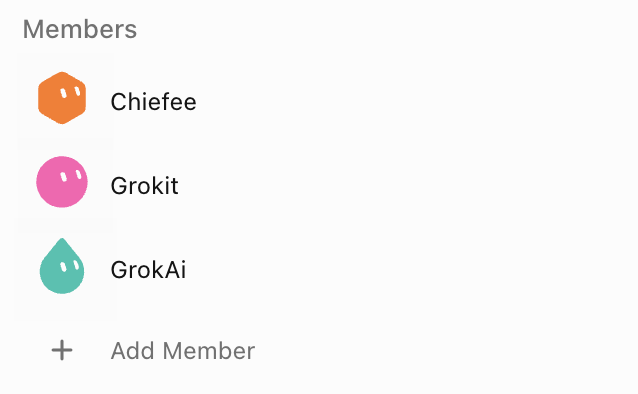 רשימת Members עם שלושה בוטים: Chiefee, Grokit ו-GrokAi, וכפתור Add Member
