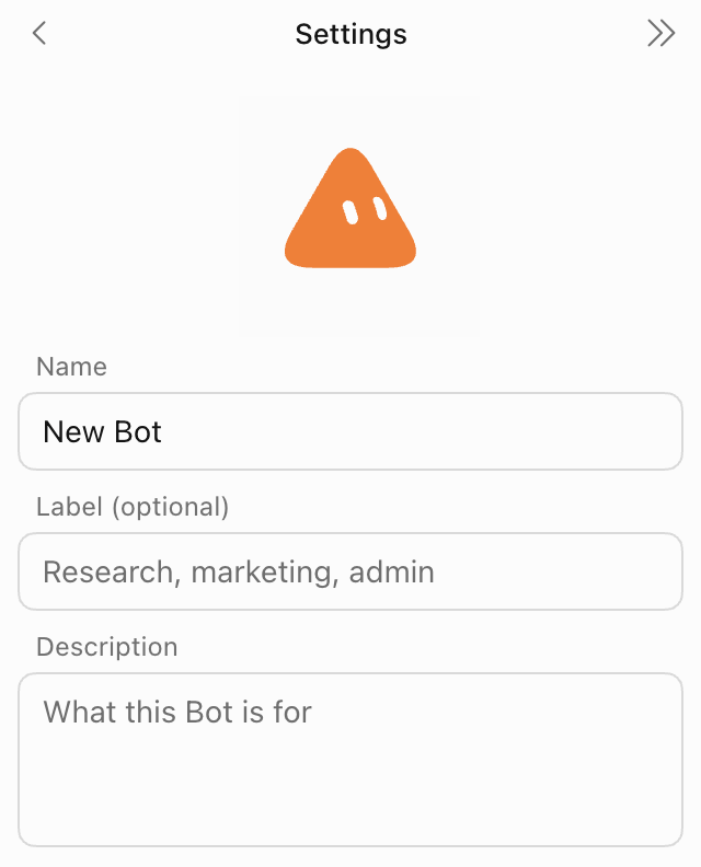 מסך ההגדרות של בוט חדש עם השדות Name, Label ו-Description