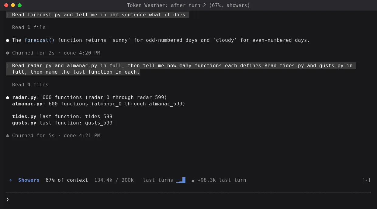 Token Weather מעל שורת הפרומפט: Showers, 67% of context, 134.4k מתוך 200k, גרף של התורות האחרונות ותוספת של 98.3k בתורה האחרונה