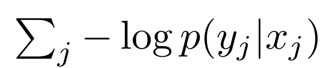 הביטוי סכום על j של מינוס log p של y j בהינתן x j