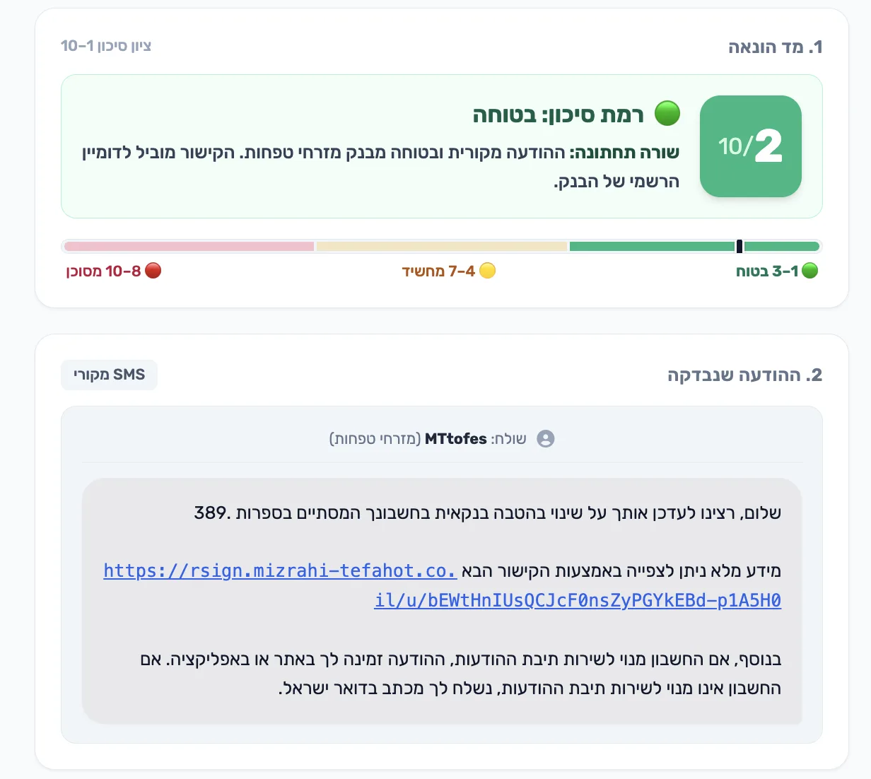 דשבורד מזהה ההונאות: ציון 2 מתוך 10, רמת סיכון בטוחה, להודעה ממזרחי טפחות עם קישור לדומיין הרשמי של הבנק