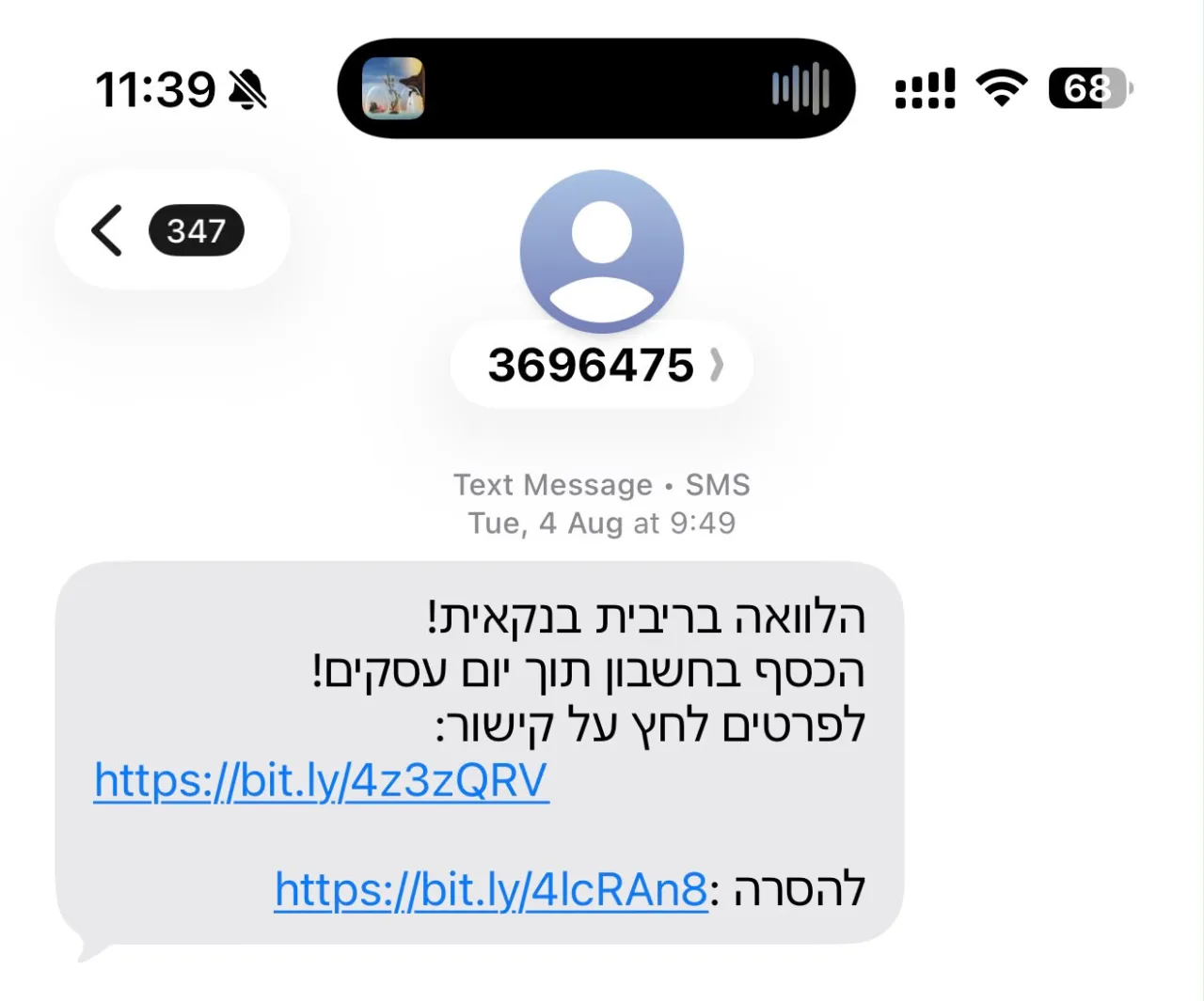 הודעת SMS ממספר 3696475: הלוואה בריבית בנקאית, הכסף בחשבון תוך יום עסקים, עם שני קישורי bit.ly