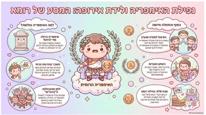 פוסטר ורוד ומאויר בשם נפילת האימפריה ולידת אירופה: המסע של רומא, שמסכם את הסיבות להתמוטטות ואת מה שבא אחריה