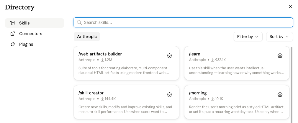 ספריית ה-Skills המובנית של קלוד עם סקילז כמו web-artifacts-builder, learn, skill-creator ו-morning